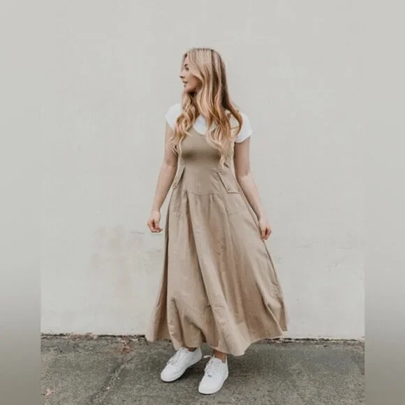 Free People Soledad Midi Dress in Khaki size S - Picture 3 of 11